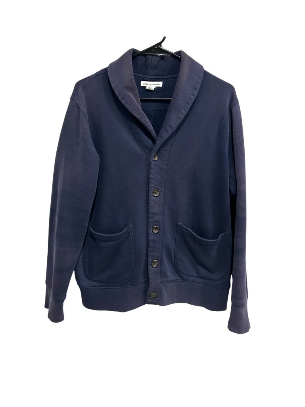 Essentials Medium Mens Cardigan Sweater Navy Blue Shawl Collar Cozycore